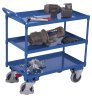 VARIOfit Großer Tischwagen mit 3 Etagen, Wannenrand 40 mm hoch, hoher Schiebebügel + EasySTOP - Enzianblau