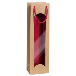 Geschenktüte mit Sichtfenster für 1 Flasche 100 x 80 x 360 mm (Bicolor natura/innen Bordeaux)