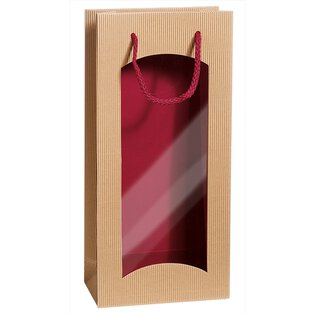 Geschenktüte mit Sichtfenster für 2 Flaschen 170 x 85 x 360 mm (Bicolor natura/innen Bordeaux)