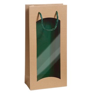 Geschenktüte mit Sichtfenster für 2 Flaschen 170 x 85 x 360 mm (Bicolor natura/innen Grün)